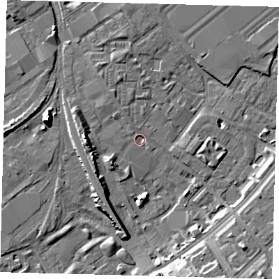 Shaded relief map of the ground around SW84UG, computed from Environment Agency LiDAR. The ground here sits at about 2 m above sea level and falls 11 m across the surrounding 800 m. Surface water reaching this point runs off ground lying to the north-north-west, 2.1 m higher.