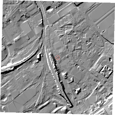 Shaded relief map of the ground around SW84UN, computed from Environment Agency LiDAR. The ground here sits at about 3 m above sea level and falls 11 m across the surrounding 800 m. Surface water reaching this point runs off ground lying to the south-south-west, 6.8 m higher.