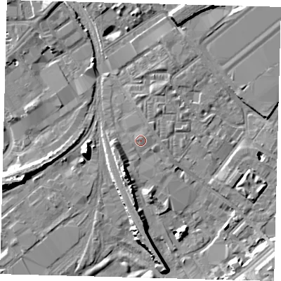 Shaded relief map of the ground around SW84UP, computed from Environment Agency LiDAR. The ground here sits at about 3 m above sea level and falls 11 m across the surrounding 800 m. Surface water reaching this point runs off ground lying to the north-north-east, 0.8 m higher.