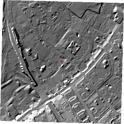 Shaded relief map of the ground around SW84UQ, computed from Environment Agency LiDAR. The ground here sits at about 2 m above sea level and falls 15 m across the surrounding 800 m. Surface water reaching this point runs off ground lying to the south-south-east, 14.6 m higher.