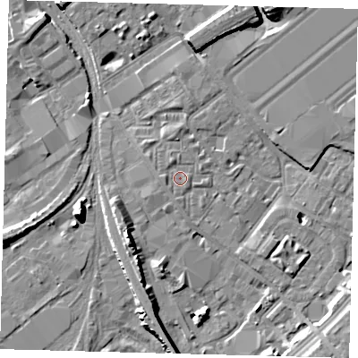 Shaded relief map of the ground around SW84UR, computed from Environment Agency LiDAR. The ground here sits at about 3 m above sea level and falls 11 m across the surrounding 800 m. Surface water reaching this point runs off ground lying to the north-north-west, 1.1 m higher.