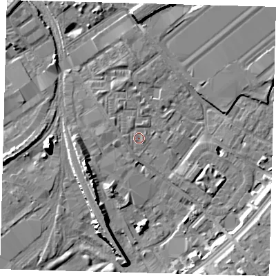 Shaded relief map of the ground around SW84UT, computed from Environment Agency LiDAR. The ground here sits at about 3 m above sea level and falls 11 m across the surrounding 800 m. Surface water reaching this point runs off ground lying to the north-north-west, 1.5 m higher.