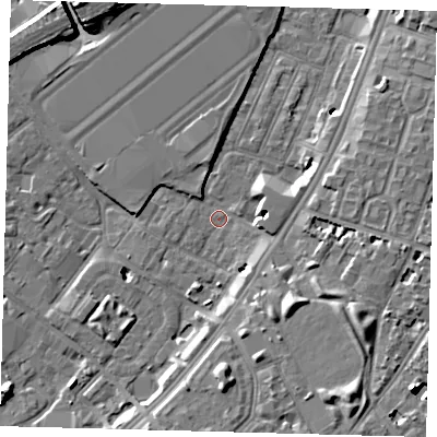 Shaded relief map of the ground around SW84XB, computed from Environment Agency LiDAR. The ground here sits at about 2 m above sea level and falls 11 m across the surrounding 800 m. Surface water reaching this point runs off ground lying to the south-east, 9.1 m higher.