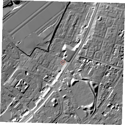 Shaded relief map of the ground around SW84XD, computed from Environment Agency LiDAR. The ground here sits at about 3 m above sea level and falls 10 m across the surrounding 800 m. Surface water reaching this point runs off ground lying to the south-south-east, 6.7 m higher.