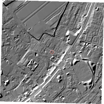 Shaded relief map of the ground around SW84XG, computed from Environment Agency LiDAR. The ground here sits at about 3 m above sea level and falls 10 m across the surrounding 800 m. Surface water reaching this point runs off ground lying to the east-south-east, 7.1 m higher.