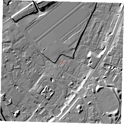 Shaded relief map of the ground around SW84XH, computed from Environment Agency LiDAR. The ground here sits at about 2 m above sea level and falls 10 m across the surrounding 800 m. Surface water reaching this point runs off ground lying to the west, 1.8 m higher.