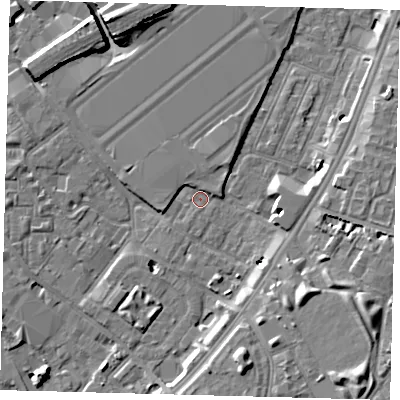 Shaded relief map of the ground around SW84XJ, computed from Environment Agency LiDAR. The ground here sits at about 2 m above sea level and falls 10 m across the surrounding 800 m. Surface water reaching this point runs off ground lying to the west-south-west, 1.9 m higher.
