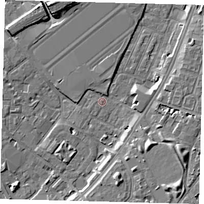 Shaded relief map of the ground around SW84XL, computed from Environment Agency LiDAR. The ground here sits at about 3 m above sea level and falls 10 m across the surrounding 800 m. Surface water reaching this point runs off ground lying to the west, 1.9 m higher.