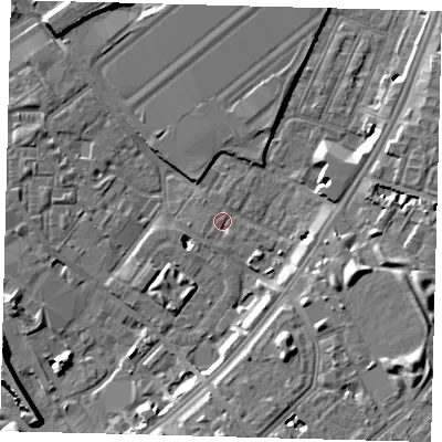 Shaded relief map of the ground around SW84XN, computed from Environment Agency LiDAR. The ground here sits at about 3 m above sea level and falls 9 m across the surrounding 800 m. Surface water reaching this point runs off ground lying to the west-south-west, 1.0 m higher.