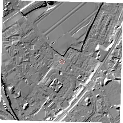 Shaded relief map of the ground around SW84XP, computed from Environment Agency LiDAR. The ground here sits at about 3 m above sea level and falls 10 m across the surrounding 800 m. Surface water reaching this point runs off ground lying to the west-north-west, 3.8 m higher.