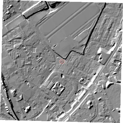 Shaded relief map of the ground around SW84XR, computed from Environment Agency LiDAR. The ground here sits at about 2 m above sea level and falls 10 m across the surrounding 800 m. Surface water reaching this point runs off ground lying to the west-north-west, 3.8 m higher.