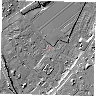 Shaded relief map of the ground around SW84XS, computed from Environment Agency LiDAR. The ground here sits at about 2 m above sea level and falls 10 m across the surrounding 800 m. Surface water reaching this point runs off ground lying to the west, 2.5 m higher.