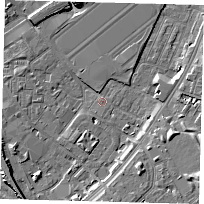 Shaded relief map of the ground around SW84XW, computed from Environment Agency LiDAR. The ground here sits at about 3 m above sea level and falls 9 m across the surrounding 800 m. Surface water reaching this point runs off ground lying to the south-south-west, 2.8 m higher.