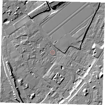 Shaded relief map of the ground around SW84XX, computed from Environment Agency LiDAR. The ground here sits at about 2 m above sea level and falls 10 m across the surrounding 800 m. Surface water reaching this point runs off ground lying to the west, 2.5 m higher.