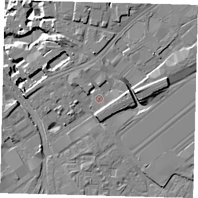 Shaded relief map of the ground around SW85AB, computed from Environment Agency LiDAR. The ground here sits at about 3 m above sea level and falls 17 m across the surrounding 800 m. Surface water reaching this point runs off ground lying to the east, 6.7 m higher.