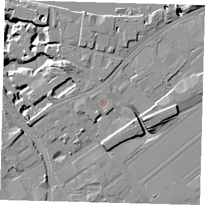 Shaded relief map of the ground around SW85AL, computed from Environment Agency LiDAR. The ground here sits at about 4 m above sea level and falls 51 m across the surrounding 800 m. Surface water reaching this point runs off ground lying to the north-north-east, 0.9 m higher.