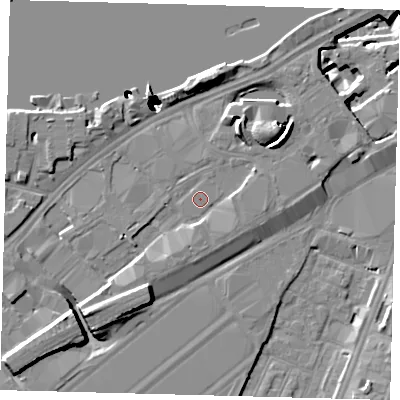 Shaded relief map of the ground around SW85BB, computed from Environment Agency LiDAR. The ground here sits at about 4 m above sea level and falls 52 m across the surrounding 800 m. Surface water reaching this point runs off ground lying to the south-west, 6.2 m higher.