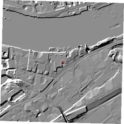 Shaded relief map of the ground around SW85BP, computed from Environment Agency LiDAR. The ground here sits at about 5 m above sea level and falls 51 m across the surrounding 800 m. Surface water reaching this point runs off ground lying to the north, 2.1 m higher.