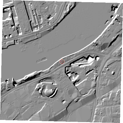 Shaded relief map of the ground around SW85BY, computed from Environment Agency LiDAR. The ground here sits at about 4 m above sea level and falls 52 m across the surrounding 800 m. Surface water reaching this point runs off ground lying to the east-north-east, 4.7 m higher.