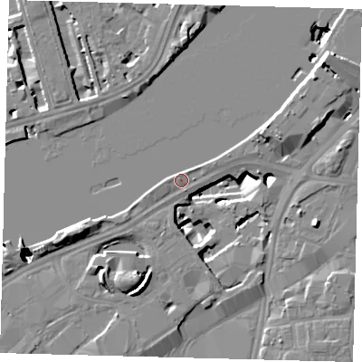 Shaded relief map of the ground around SW85BZ, computed from Environment Agency LiDAR. The ground here sits at about 5 m above sea level and falls 52 m across the surrounding 800 m. Surface water reaching this point runs off ground lying to the east-north-east, 4.7 m higher.