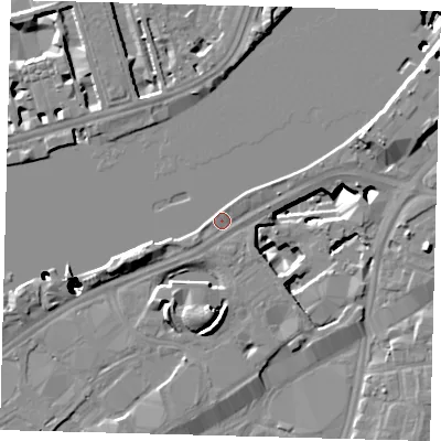 Shaded relief map of the ground around SW85DB, computed from Environment Agency LiDAR. The ground here sits at about 4 m above sea level and falls 52 m across the surrounding 800 m. Surface water reaching this point runs off ground lying to the south-west, 1.4 m higher.