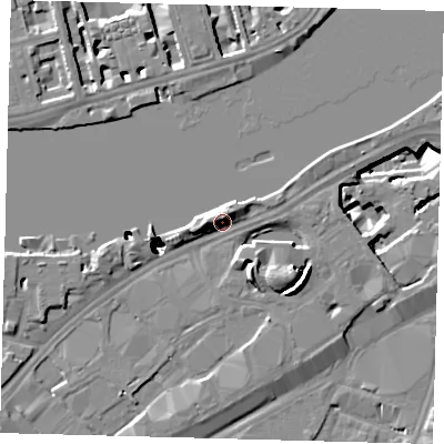 Shaded relief map of the ground around SW85DE, computed from Environment Agency LiDAR. The ground here sits at about 6 m above sea level and falls 52 m across the surrounding 800 m. Surface water reaching this point runs off ground lying to the north, 50.6 m higher.