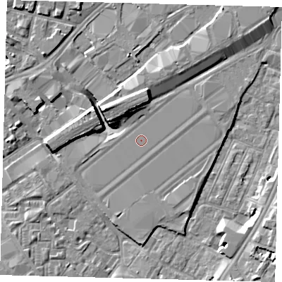 Shaded relief map of the ground around SW85EE, computed from Environment Agency LiDAR. The ground here sits at about 3 m above sea level and falls 10 m across the surrounding 800 m. The ground contributing surface water to this point lies to the east.