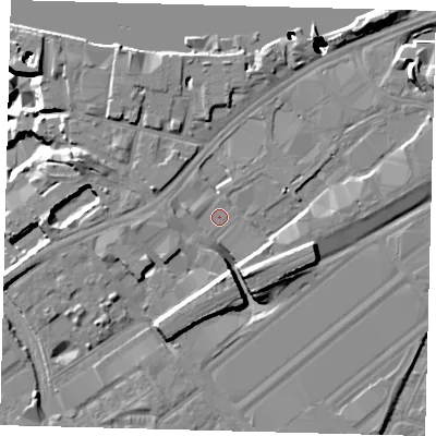 Shaded relief map of the ground around SW85EH, computed from Environment Agency LiDAR. The ground here sits at about 4 m above sea level and falls 51 m across the surrounding 800 m. Surface water reaching this point runs off ground lying to the north-north-east, 0.8 m higher.