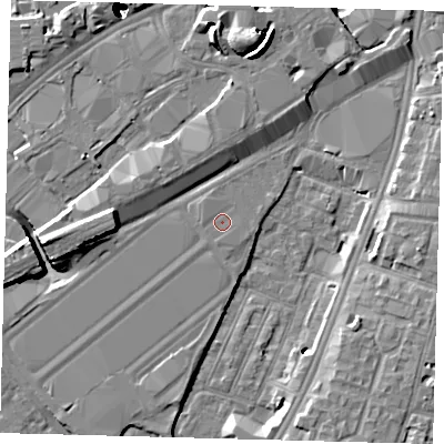 Shaded relief map of the ground around SW85EL, computed from Environment Agency LiDAR. The ground here sits at about 3 m above sea level and falls 52 m across the surrounding 800 m. Surface water reaching this point runs off ground lying to the west, 0.6 m higher.