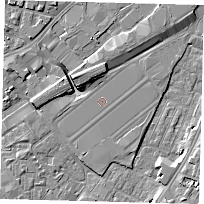 Shaded relief map of the ground around SW85EN, computed from Environment Agency LiDAR. The ground here sits at about 3 m above sea level and falls 9 m across the surrounding 800 m. The ground contributing surface water to this point lies to the east.