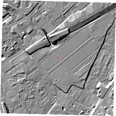 Shaded relief map of the ground around SW85HB, computed from Environment Agency LiDAR. The ground here sits at about 3 m above sea level and falls 10 m across the surrounding 800 m. The ground contributing surface water to this point lies to the south.