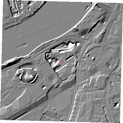 Shaded relief map of the ground around SW85JE, computed from Environment Agency LiDAR. The ground here sits at about 2 m above sea level and falls 14 m across the surrounding 800 m. Surface water reaching this point runs off ground lying to the south-south-west, 7.7 m higher.
