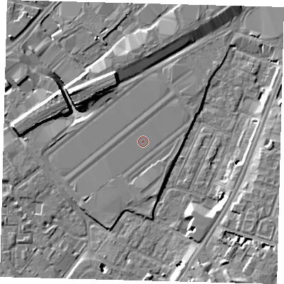 Shaded relief map of the ground around SW85LL, computed from Environment Agency LiDAR. The ground here sits at about 3 m above sea level and falls 9 m across the surrounding 800 m. The ground contributing surface water to this point lies to the north-west.