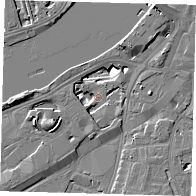 Shaded relief map of the ground around SW85NA, computed from Environment Agency LiDAR. The ground here sits at about 2 m above sea level and falls 14 m across the surrounding 800 m. Surface water reaching this point runs off ground lying to the south-south-west, 7.7 m higher.