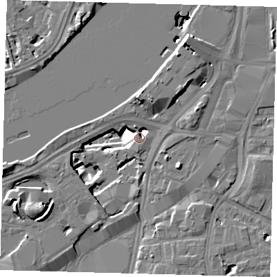 Shaded relief map of the ground around SW85NQ, computed from Environment Agency LiDAR. The ground here sits at about 4 m above sea level and falls 15 m across the surrounding 800 m. Surface water reaching this point runs off ground lying to the north-north-west, 5.2 m higher.