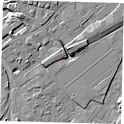 Shaded relief map of the ground around SW85PA, computed from Environment Agency LiDAR. The ground here sits at about 3 m above sea level and falls 14 m across the surrounding 800 m. Surface water reaching this point runs off ground lying to the north-north-east, 6.2 m higher.