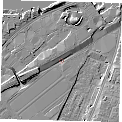 Shaded relief map of the ground around SW85PP, computed from Environment Agency LiDAR. The ground here sits at about 3 m above sea level and falls 52 m across the surrounding 800 m. Surface water reaching this point runs off ground lying to the west-south-west, 5.4 m higher.