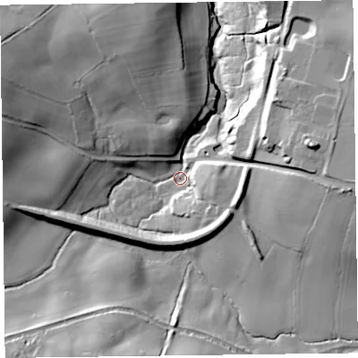 Shaded relief map of the ground around SY107AZ, computed from Environment Agency LiDAR. The ground here sits at about 84 m above sea level and falls 36 m across the surrounding 800 m. Surface water reaching this point runs off ground lying to the west-north-west, 21.0 m higher.