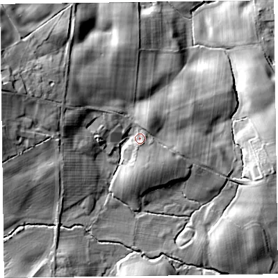 Shaded relief map of the ground around SY107DF, computed from Environment Agency LiDAR. The ground here sits at about 148 m above sea level and falls 30 m across the surrounding 800 m. Surface water reaching this point runs off ground lying to the west, 5.5 m higher.
