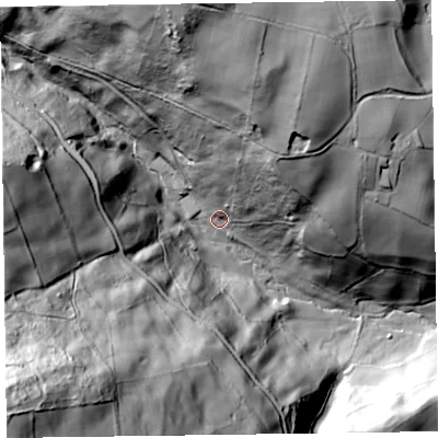 Shaded relief map of the ground around SY107DU, computed from Environment Agency LiDAR. The ground here sits at about 222 m above sea level and falls 147 m across the surrounding 800 m. Surface water reaching this point runs off ground lying to the north, 70.1 m higher.