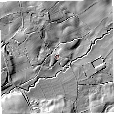 Shaded relief map of the ground around SY107ER, computed from Environment Agency LiDAR. The ground here sits at about 127 m above sea level and falls 31 m across the surrounding 800 m. Surface water reaching this point runs off ground lying to the west, 3.3 m higher.