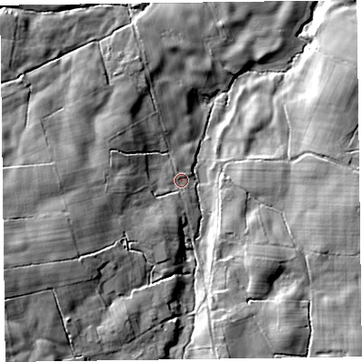 Shaded relief map of the ground around SY107ES, computed from Environment Agency LiDAR. The ground here sits at about 129 m above sea level and falls 28 m across the surrounding 800 m. Surface water reaching this point runs off ground lying to the west-south-west, 15.1 m higher.
