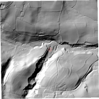 Shaded relief map of the ground around SY107HA, computed from Environment Agency LiDAR. The ground here sits at about 193 m above sea level and falls 103 m across the surrounding 800 m. Surface water reaching this point runs off ground lying to the south-west, 36.3 m higher.