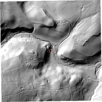 Shaded relief map of the ground around SY107HS, computed from Environment Agency LiDAR. The ground here sits at about 197 m above sea level and falls 112 m across the surrounding 800 m. Surface water reaching this point runs off ground lying to the west-south-west, 84.2 m higher.