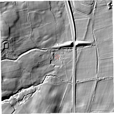 Shaded relief map of the ground around SY107JZ, computed from Environment Agency LiDAR. The ground here sits at about 114 m above sea level and falls 29 m across the surrounding 800 m. Surface water reaching this point runs off ground lying to the west-south-west, 17.9 m higher.