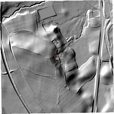 Shaded relief map of the ground around SY107LA, computed from Environment Agency LiDAR. The ground here sits at about 110 m above sea level and falls 30 m across the surrounding 800 m. Surface water reaching this point runs off ground lying to the west, 16.2 m higher.