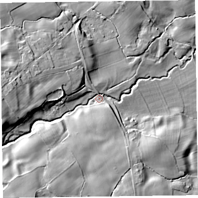 Shaded relief map of the ground around SY107LF, computed from Environment Agency LiDAR. The ground here sits at about 136 m above sea level and falls 32 m across the surrounding 800 m. Surface water reaching this point runs off ground lying to the west, 20.0 m higher.
