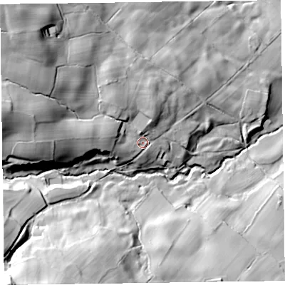 Shaded relief map of the ground around SY107LL, computed from Environment Agency LiDAR. The ground here sits at about 172 m above sea level and falls 62 m across the surrounding 800 m. Surface water reaching this point runs off ground lying to the west, 12.3 m higher.