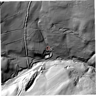 Shaded relief map of the ground around SY107NP, computed from Environment Agency LiDAR. The ground here sits at about 283 m above sea level and falls 127 m across the surrounding 800 m. Surface water reaching this point runs off ground lying to the north, 72.5 m higher.