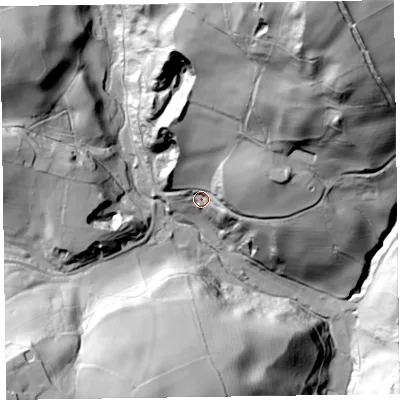 Shaded relief map of the ground around SY107PR, computed from Environment Agency LiDAR. The ground here sits at about 230 m above sea level and falls 134 m across the surrounding 800 m. Surface water reaching this point runs off ground lying to the north-north-east, 110.3 m higher.